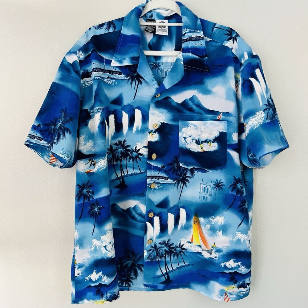 Kennington Blue Hawaiian Sailboat Scene Beach Lightweight Shirt Mens Size XL